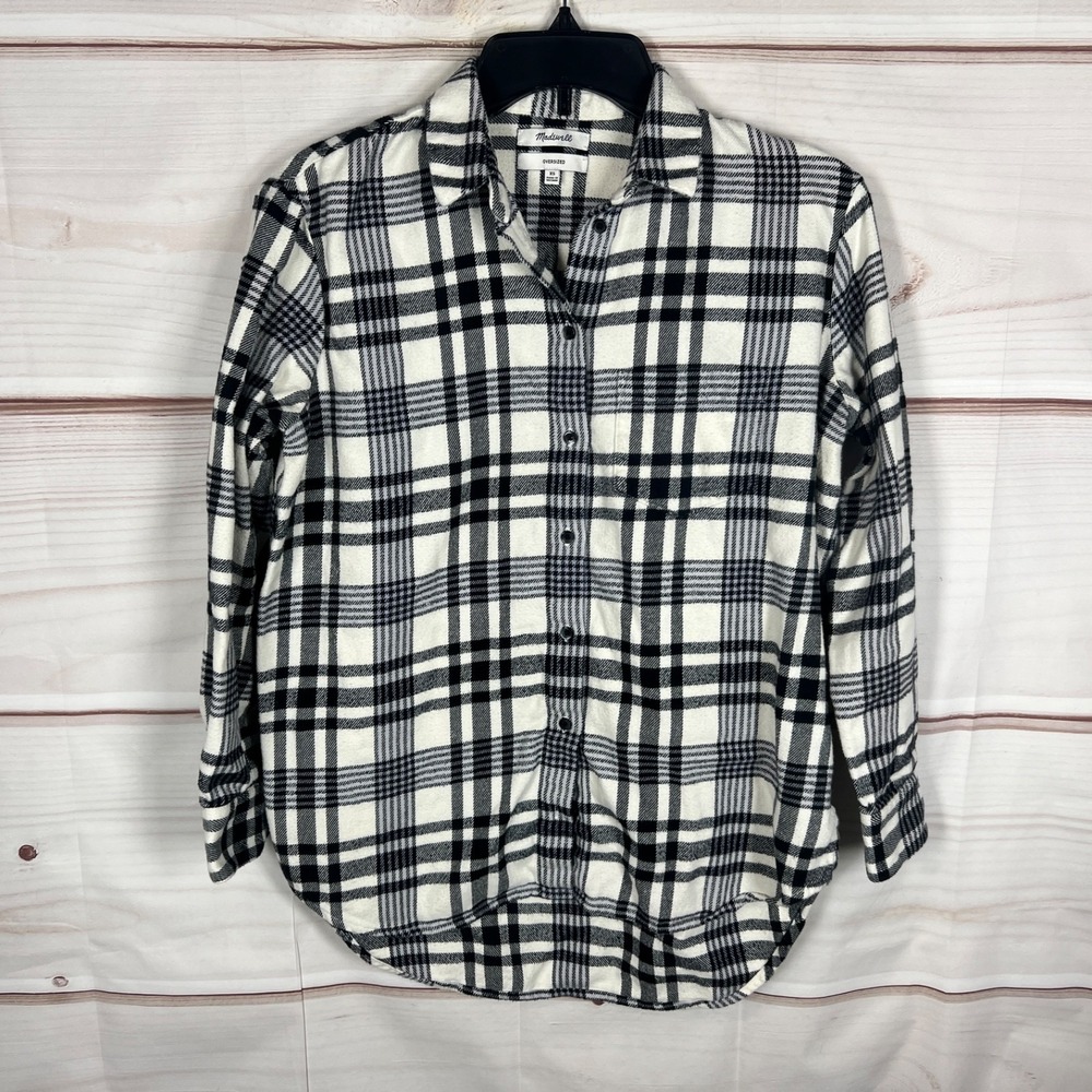 Madewell Top Women XS Blue Plaid Shirt Cotton Flannel Oversized Button Up Collar